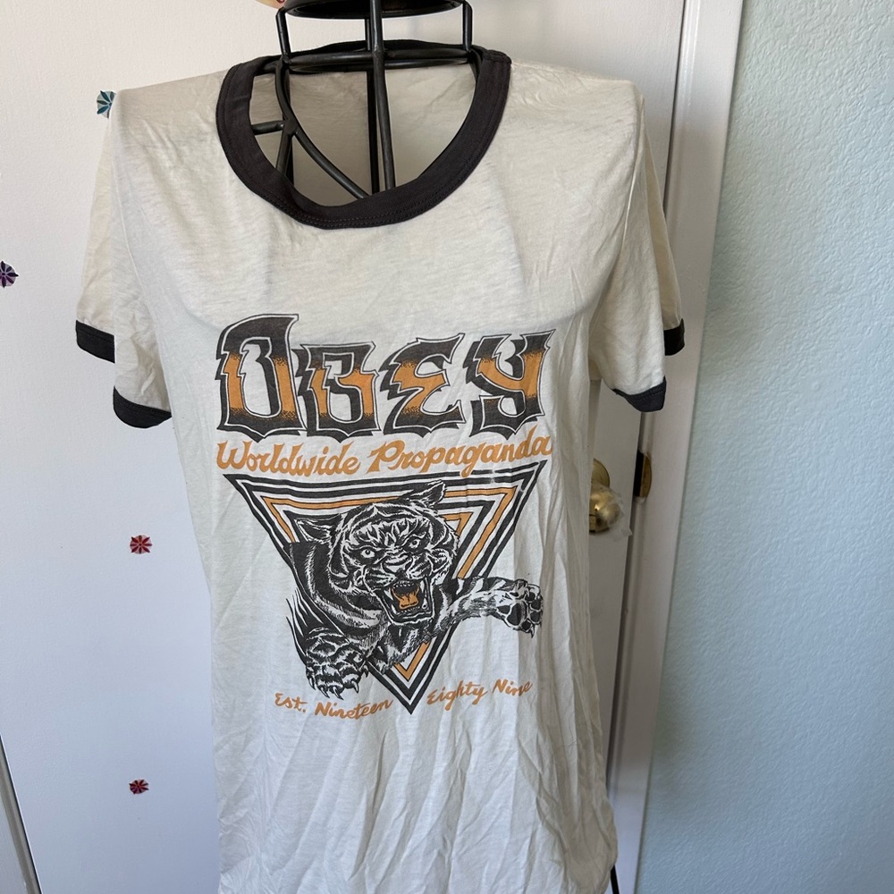 Obey Cream Tee with Tiger and Black Accents